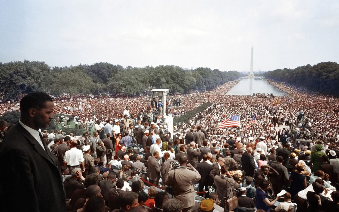 During the March on Washington a crowd stretches from the Lincoln Memorial to the Washington Monument